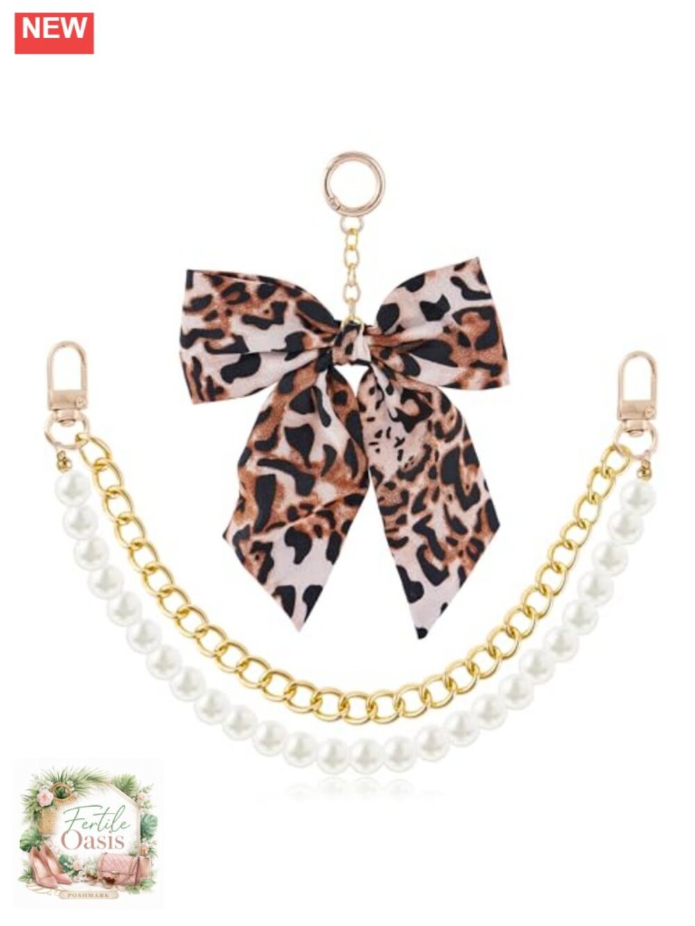 Leopard Print Bow Bag Charm & Pearl Chain Purse Accessory Set